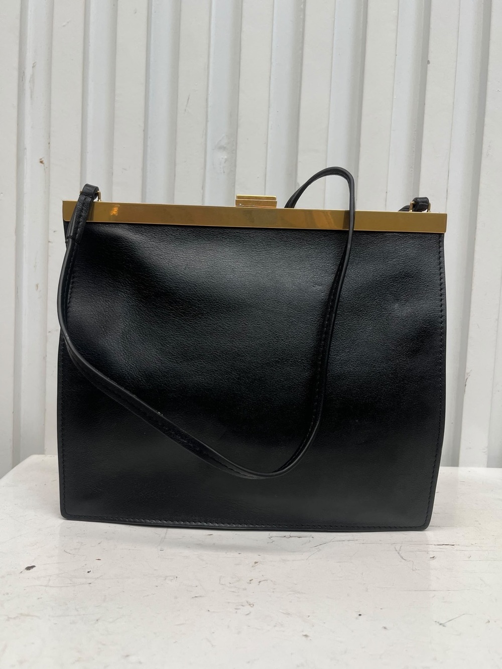 Classic Black Leather Frame-Top Shoulder Bag